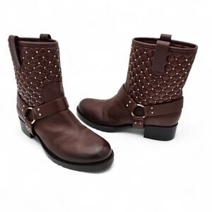 Valentino Garavani Rockstud Quilted Moto Harness Boot Brown Leather 40 US 10